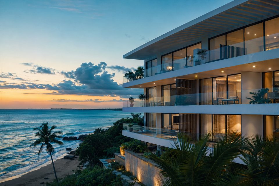 Beachfront condo building in Cabarete at sunset