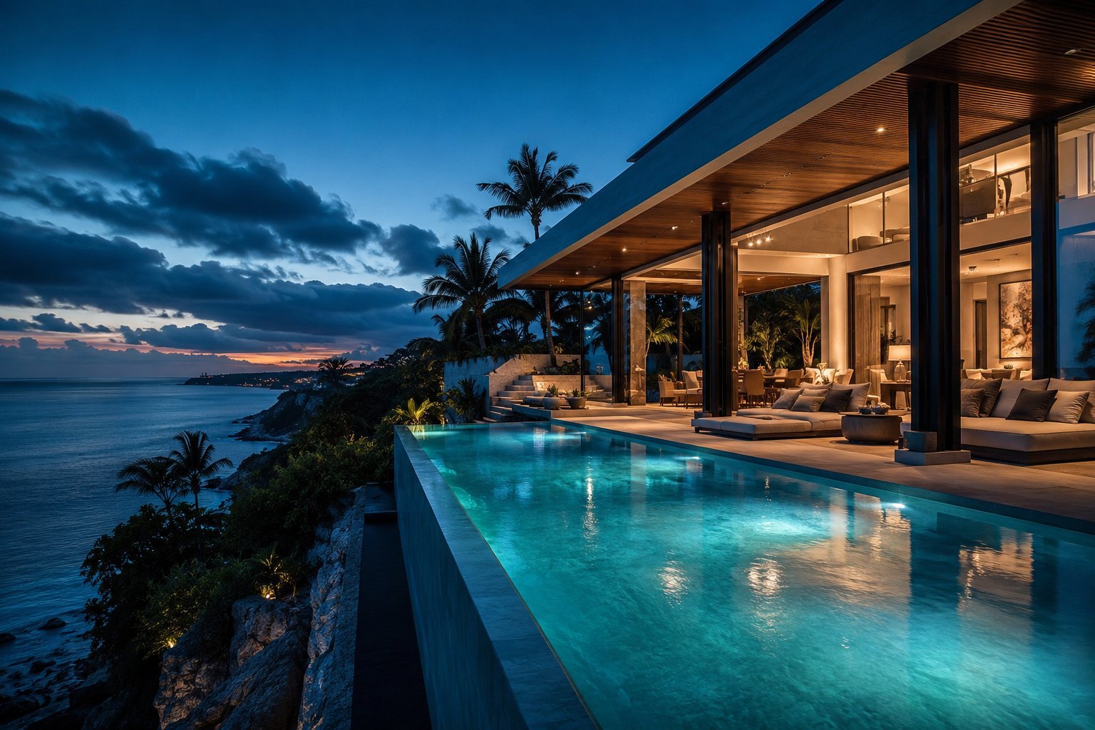 Modern cliffside villa on the Dominican Republic coast at dusk