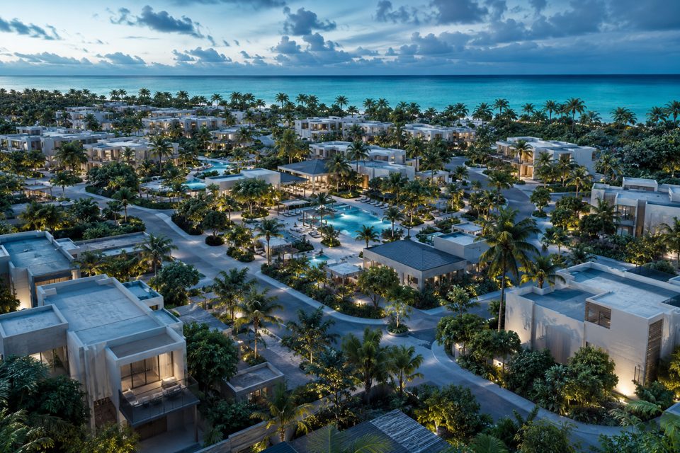 Aerial view of a resort residential community in Punta Cana at dusk